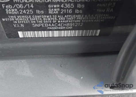 2014 Hyundai Sonata Gls from USA, damaged, VIN 5NPEB4AC4EH891212